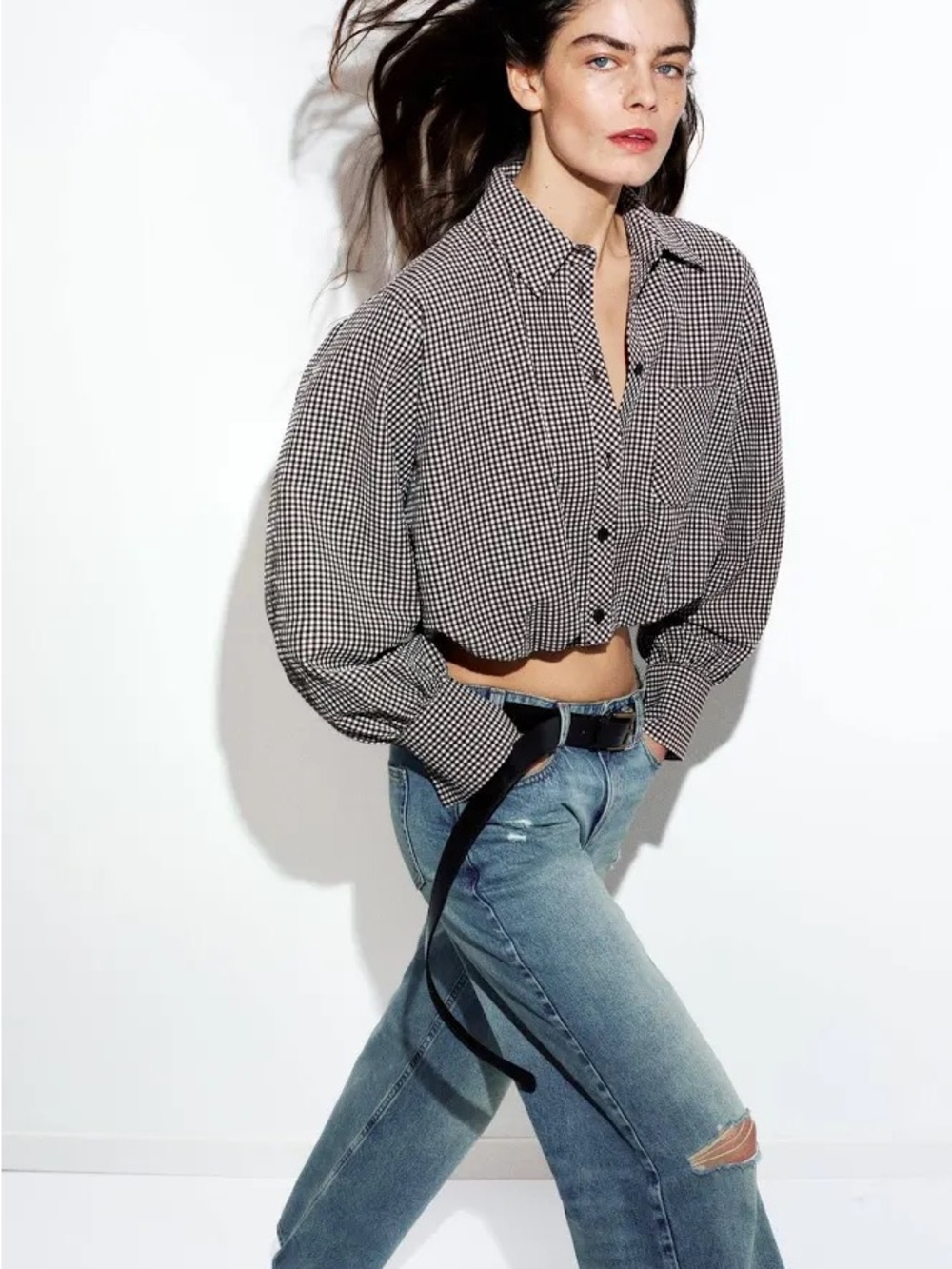 Zara Black and White Gingham Cropped Button-Down